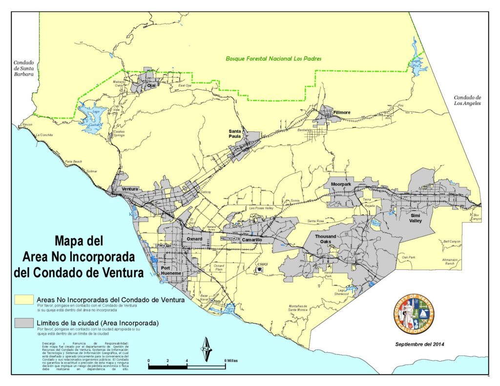 Mapa que muestra áreas no incorporadas del Condado de Ventura, California, con límites de ciudades marcados.