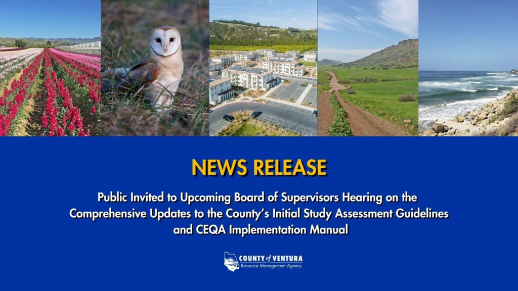 Composite image with fields, an owl, housing, a trail, and coastline. Text: "News Release: Public invited to Board of Supervisors Hearing on Updates to County’s Initial Study Assessment Guidelines and CEQA Implementation Manual".